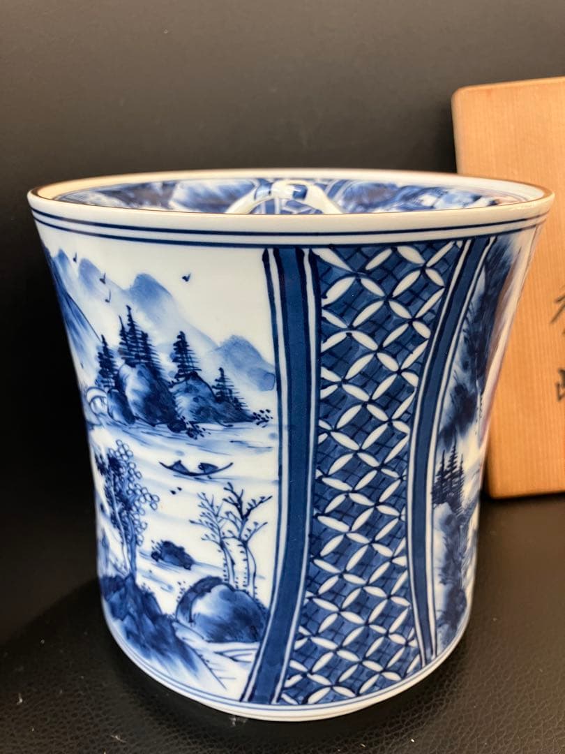 値下げ！未使用　染付　松竹梅捻子文　水指　平安秀峰作　　塗蓋付　茶道具