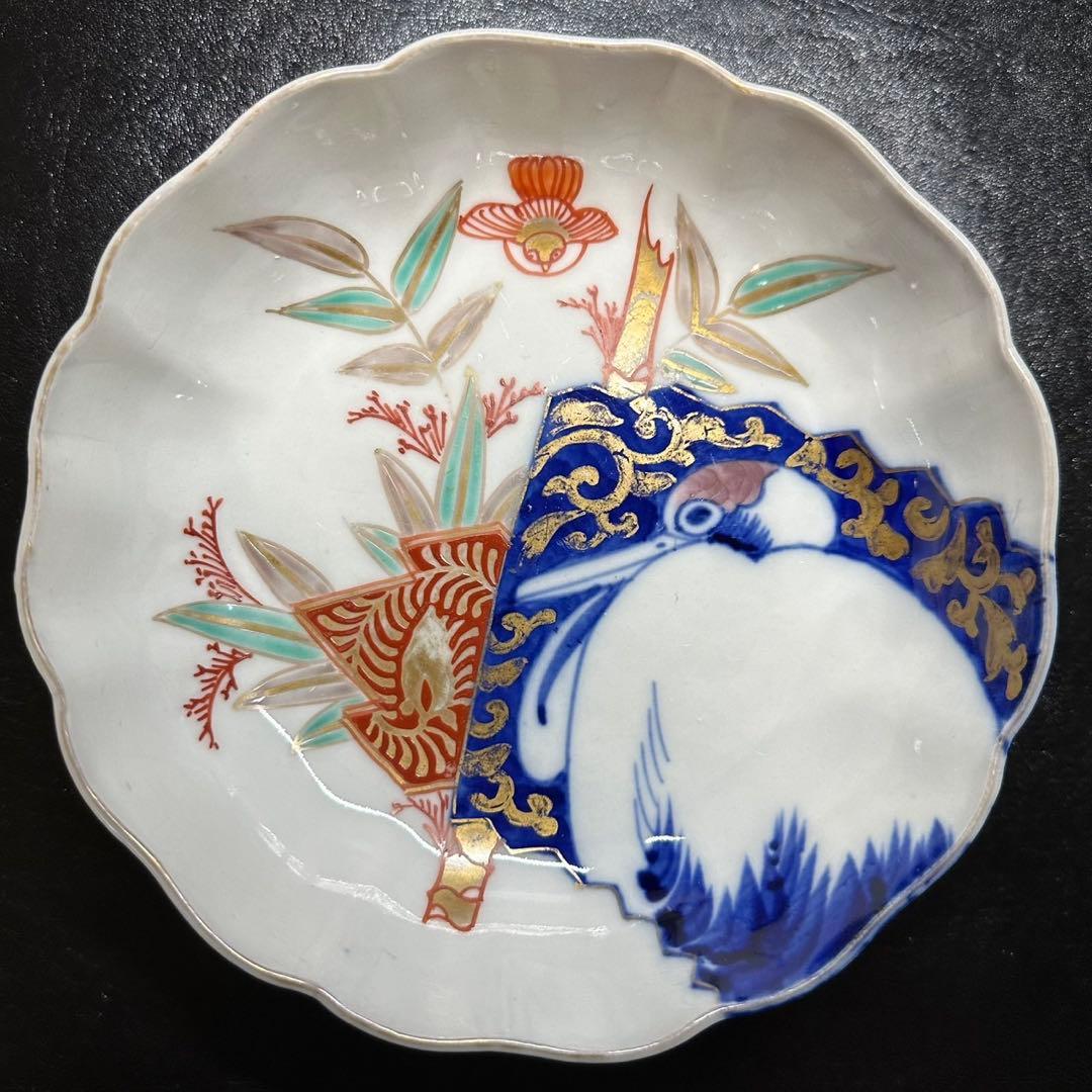 ★ 古伊万里 色絵 鶴に竹雀 膾皿 2枚/食器！★管理203