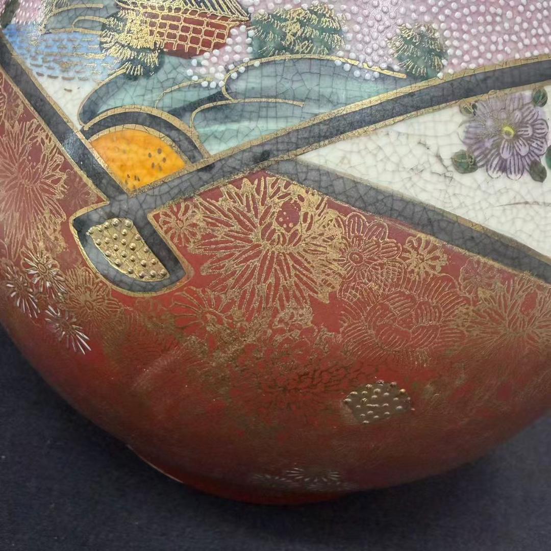 薩摩 大花瓶 扇面 金彩 獅子 双耳 連山 花鳥図 花瓶 飾壺 薩摩焼