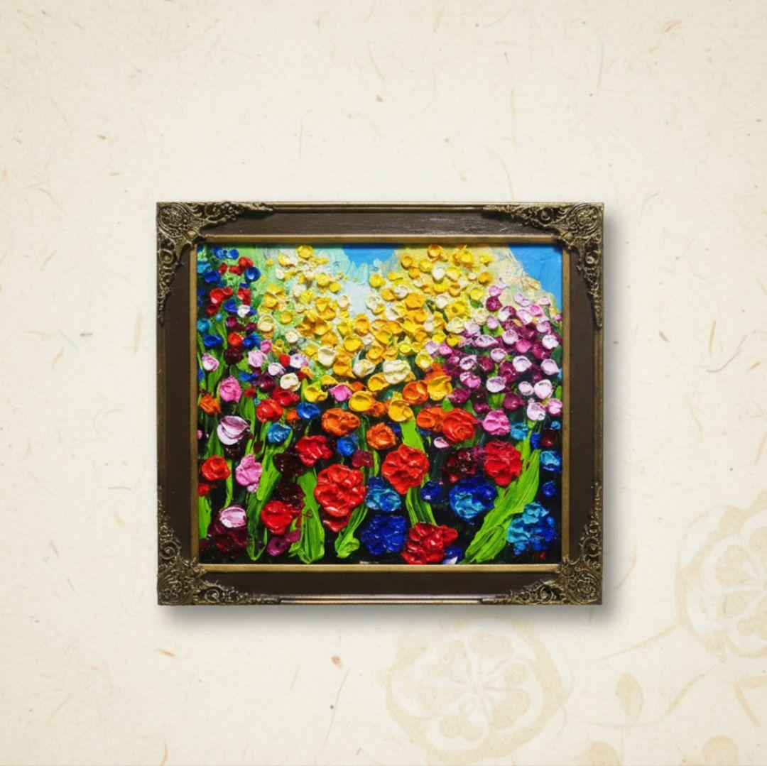 油絵 原画【colorful flower garden】色紙 ・ラッピング付