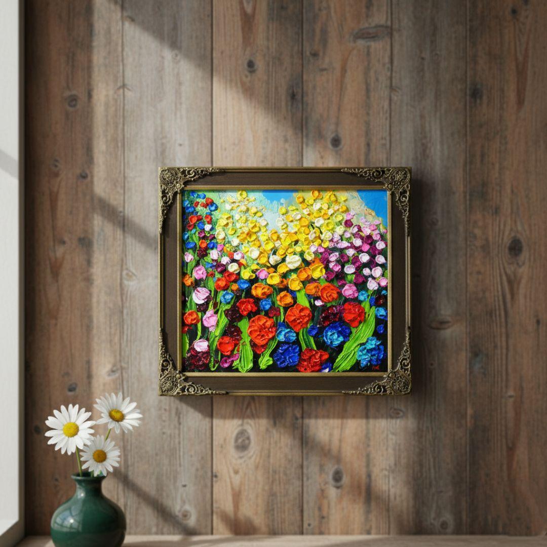 油絵 原画【colorful flower garden】色紙 ・ラッピング付