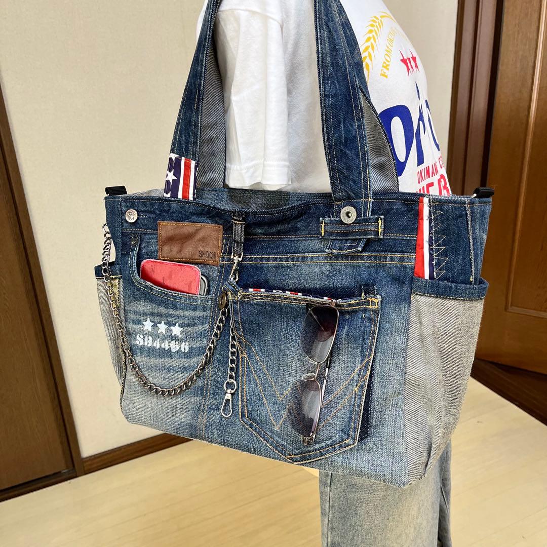 大容量バック　デニムリメイクトートバッグ　ショルダー　ハンドメイド