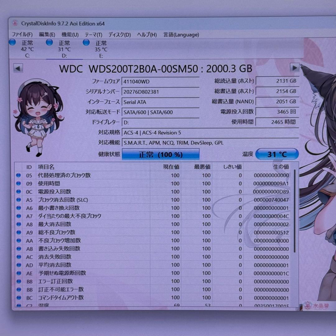 【健康状態100%】ウエスタンデジタルSSD 2TB
