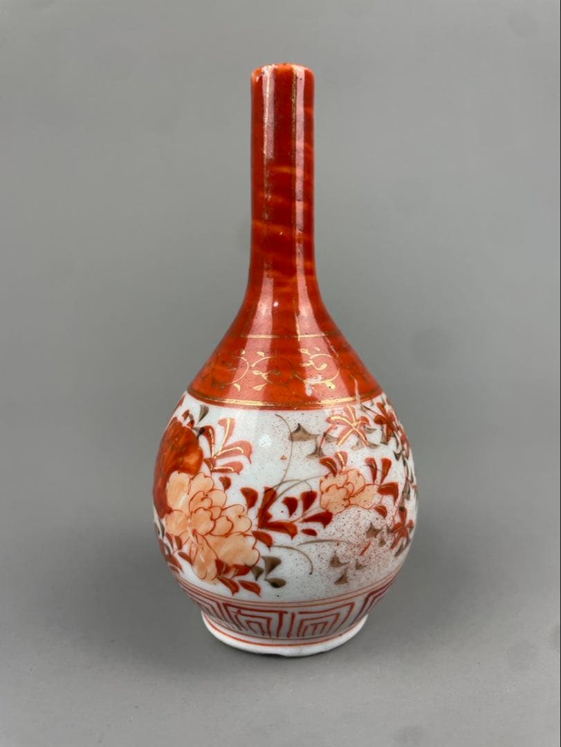 明治期 九谷焼 赤絵 徳利 金彩 花鳥図 酒器 アンティーク 花入 一輪挿し