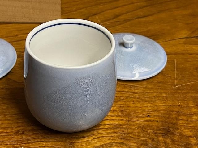 ¥九谷宗秀作 蓋付き湯冷まし 夫婦セット 木箱入り 青色陶器 茶器