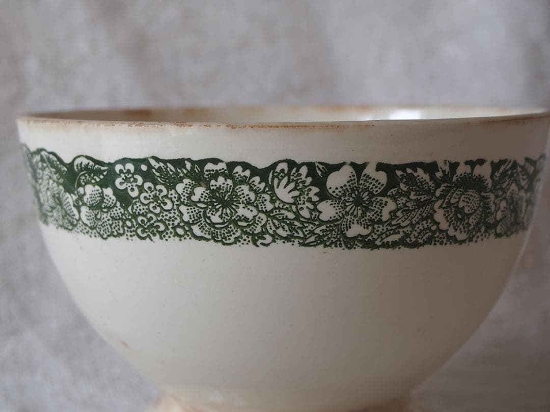 緑 花の紋様 カフェオレボウル 直径13.3cm スペイン古陶 南欧/K440