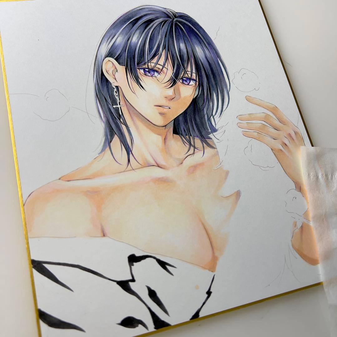 m*可様 手描きイラスト＊紫の刻印＊堕天使の男の子＊創作原画 色紙イラスト