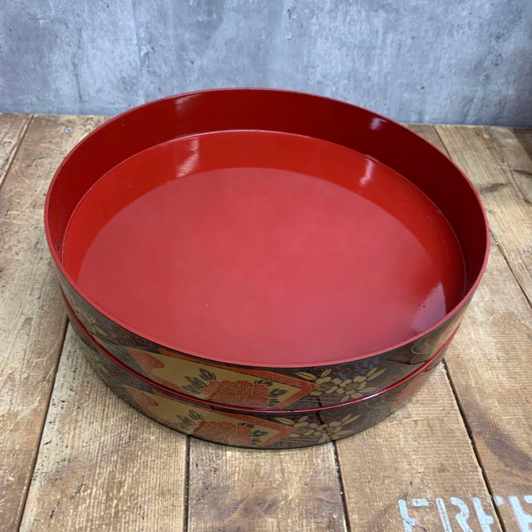 D-4 【華やか】金彩 手まり 牡丹 菓子器 二段セット 小皿5枚付 漆器