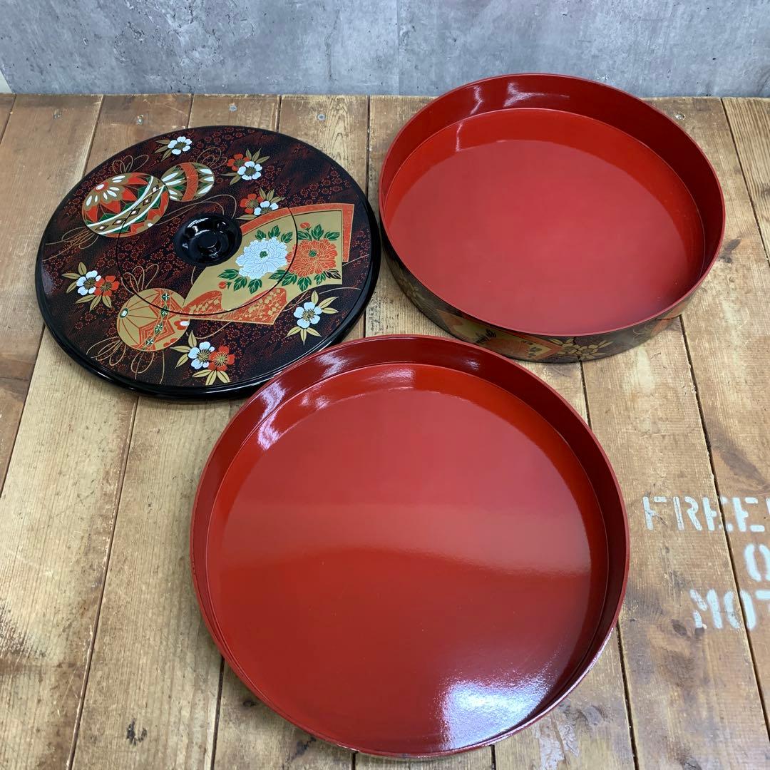 D-4 【華やか】金彩 手まり 牡丹 菓子器 二段セット 小皿5枚付 漆器