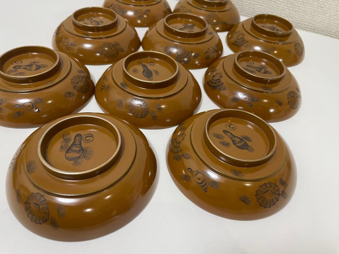 漆器 時代 黄漆 内朱塗 漆器 吸物 懐石椀 煮物椀 10 客 松 貝柄