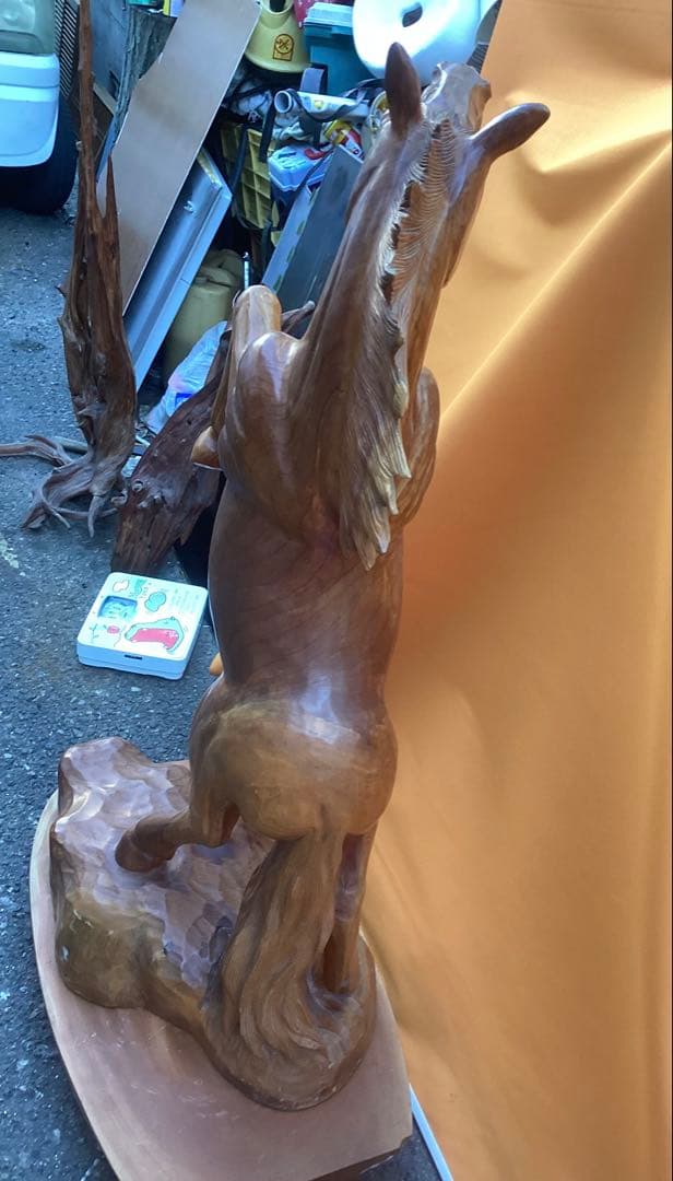 木彫 大作 いななく馬 一刀彫 ( 台座込み140㎝ 50kg )