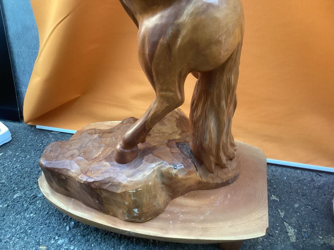 木彫 大作 いななく馬 一刀彫 ( 台座込み140㎝ 50kg )