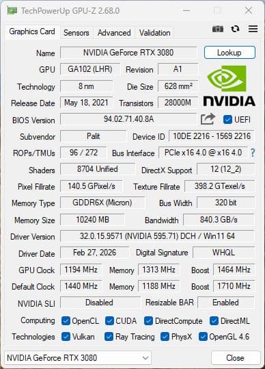 グラフィックボード・グラボ・ビデオカード RTX 3080 PALIT GAMINGPRO 10GB V1