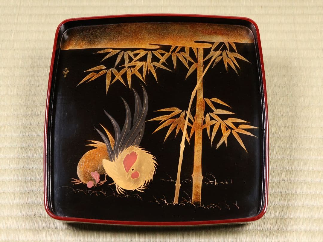 木製漆器 竹鶏蒔絵 吸物膳 五客 溜塗 黒塗 足付 四方膳 茶懐石 CM387