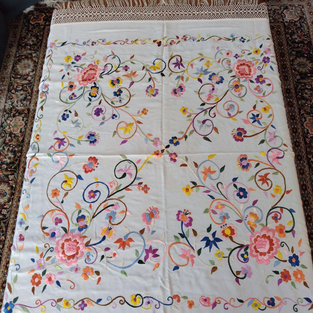花柄刺繍テーブルクロス フリンジ付きビンテージ