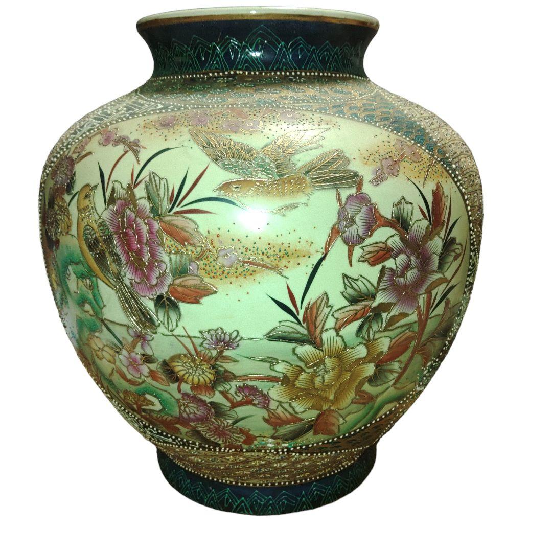 中国古玩　隆源　金彩鳥草花文壺　高さ40cm