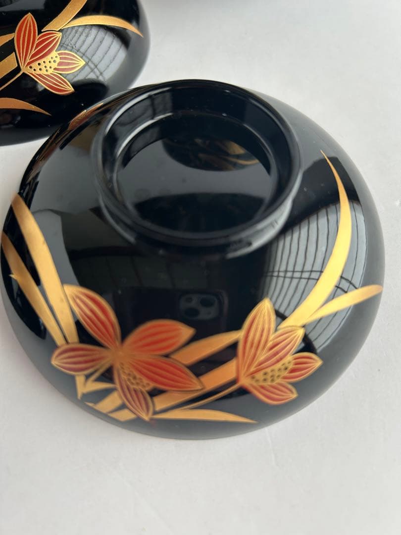 【未使用】会津塗 漆器 金彩 蒔絵 蘭文様 蓋付き お吸物椀 雑煮椀 5客