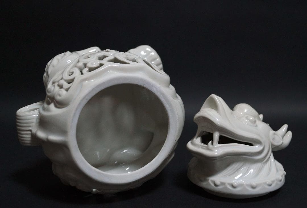 茶道具 徳化窯白磁 細工透かし彫り龍形 香炉 高さ16cm★時代物★