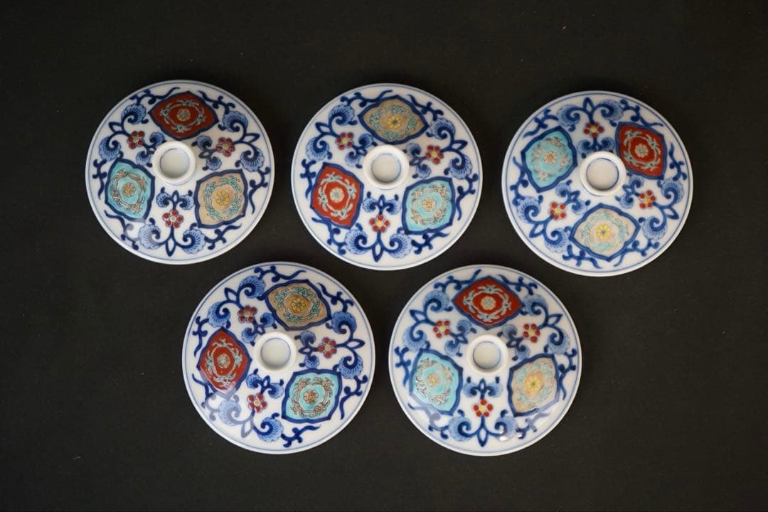 有田焼 肥前皿山 幸右衛門 作 染錦 唐花画 台付 蒸碗5客 共箱 懐石料理道具