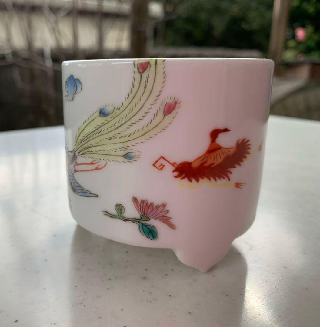 中国　江西省　景徳鎮　粉彩色絵　花鳥模様 香炉　香炉灰