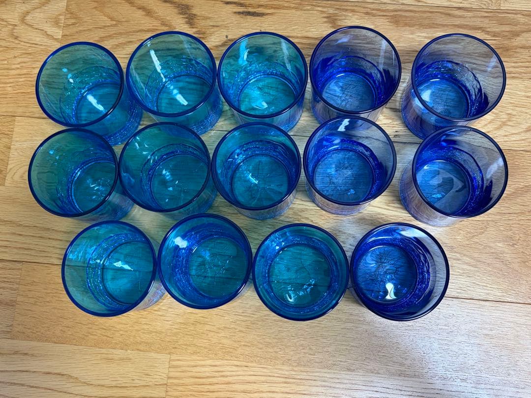 琉球ガラス 14客セットロックグラス 吹きガラス 沖縄伝統工芸 焼酎グラス 美品