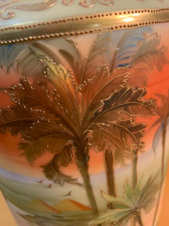 オールドノリタケ　花瓶　椰子の木　水辺の風景　27.5cm    1911年