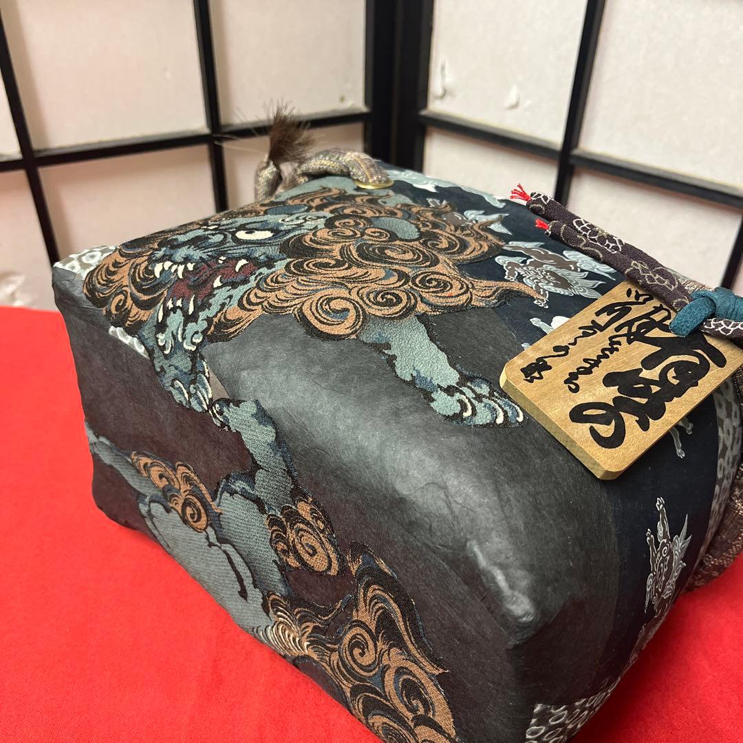 立派な獅子 狛犬 一閑張り バッグ かごバッグ ハンドバッグ 正絹 和柄 古布