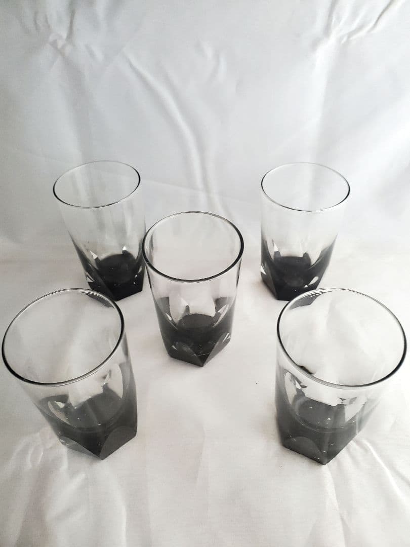 骨董品 昭和初期 黒台ガラスコップ 5客組 良品 和ガラス