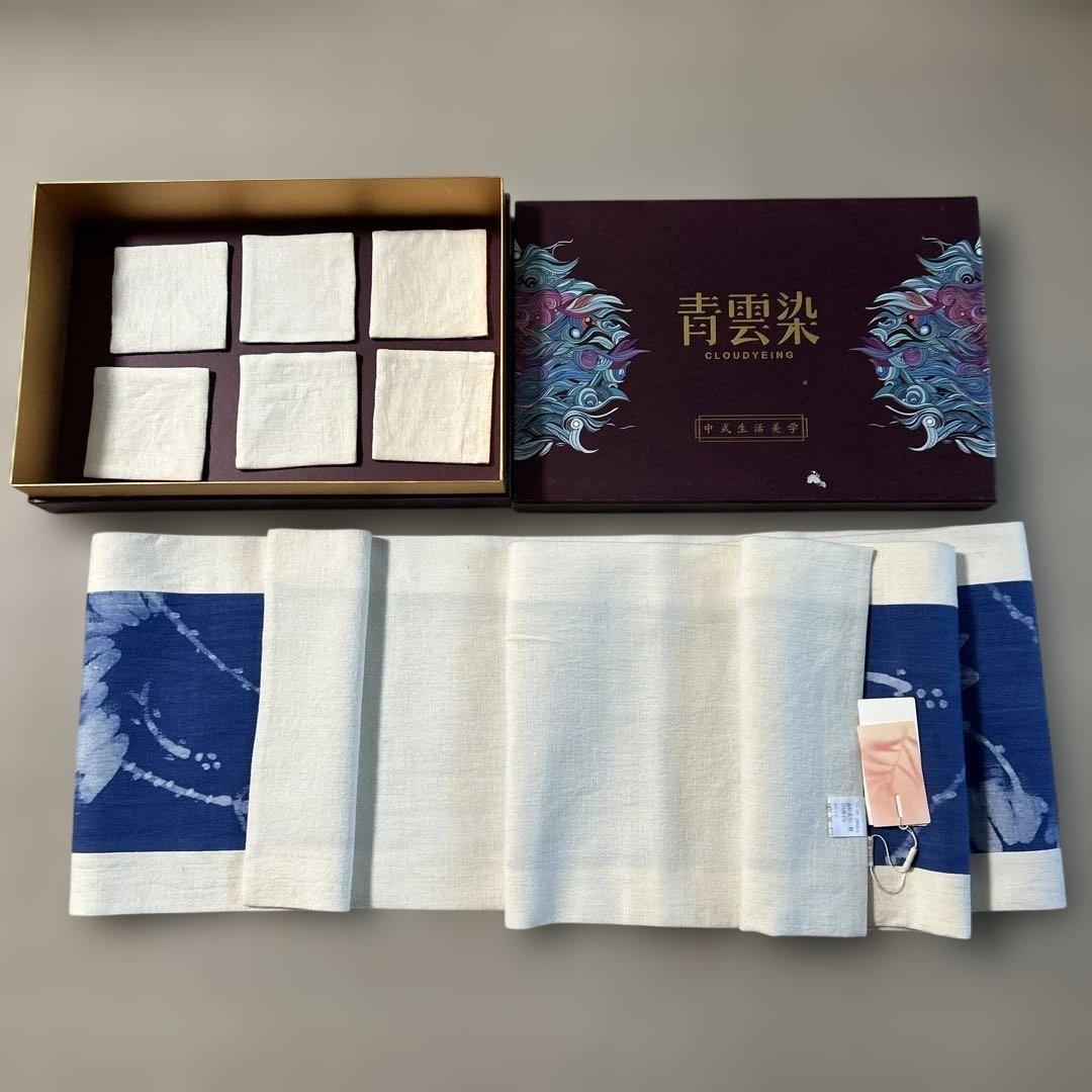 【未使用】青雲染 蓮の花 藍染テーブルランナー+コースターセット