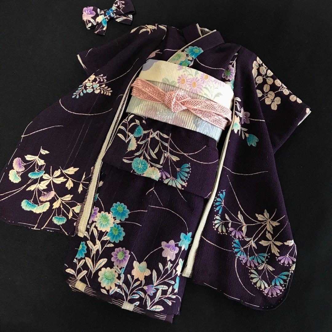 ＊ 市松人形 12号 単衣 縦絽縮緬 アンティーク 着物 帯