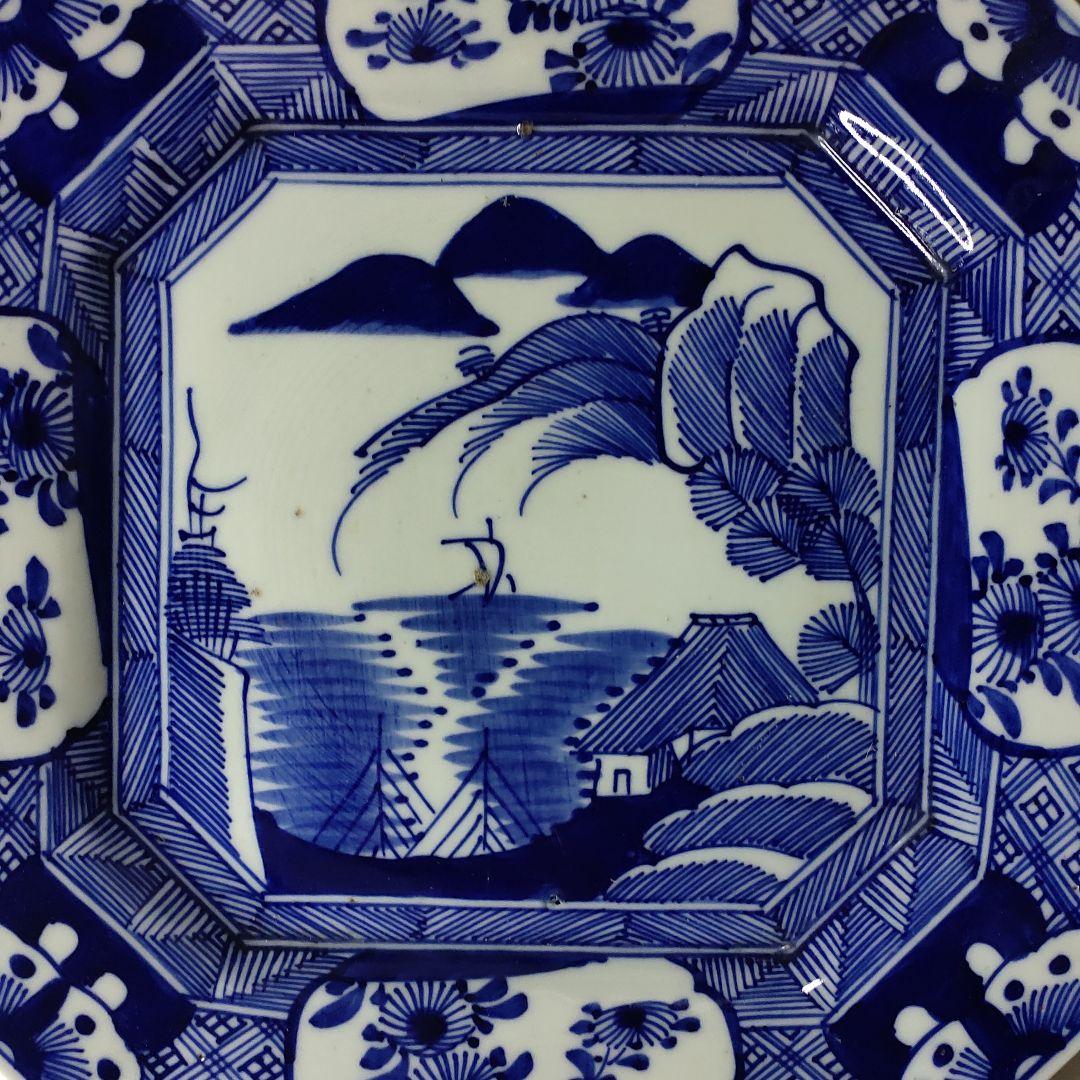古伊万里焼 染付け 角皿 山水図 手作り 在銘 置物 旧家蔵出 コレクター放出