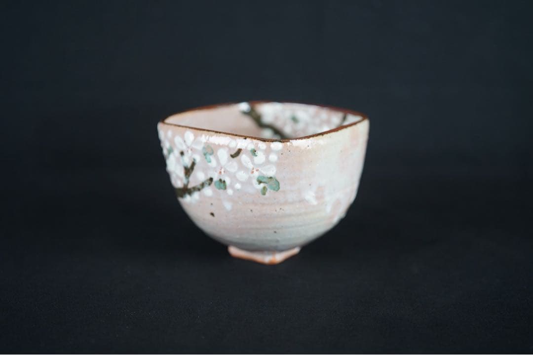 加藤喜一 枡型 乾山写 桜絵 茶碗 四方 抹茶碗 共箱 共布 茶道具
