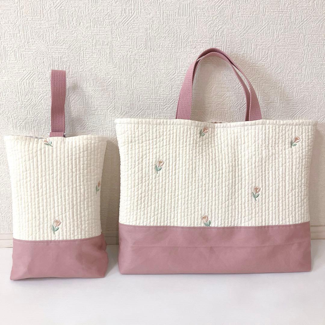 レッスンバッグ✖️3 上履き入れ　ヌビ　チューリップ刺繍