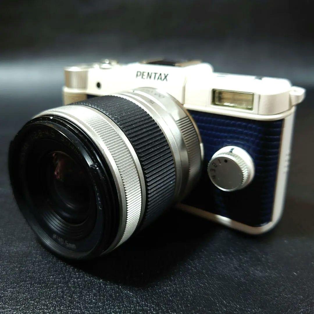 PENTAX Q ホワイト×ネイビー本革 02レンズ　純正バッテリー　純正充電器