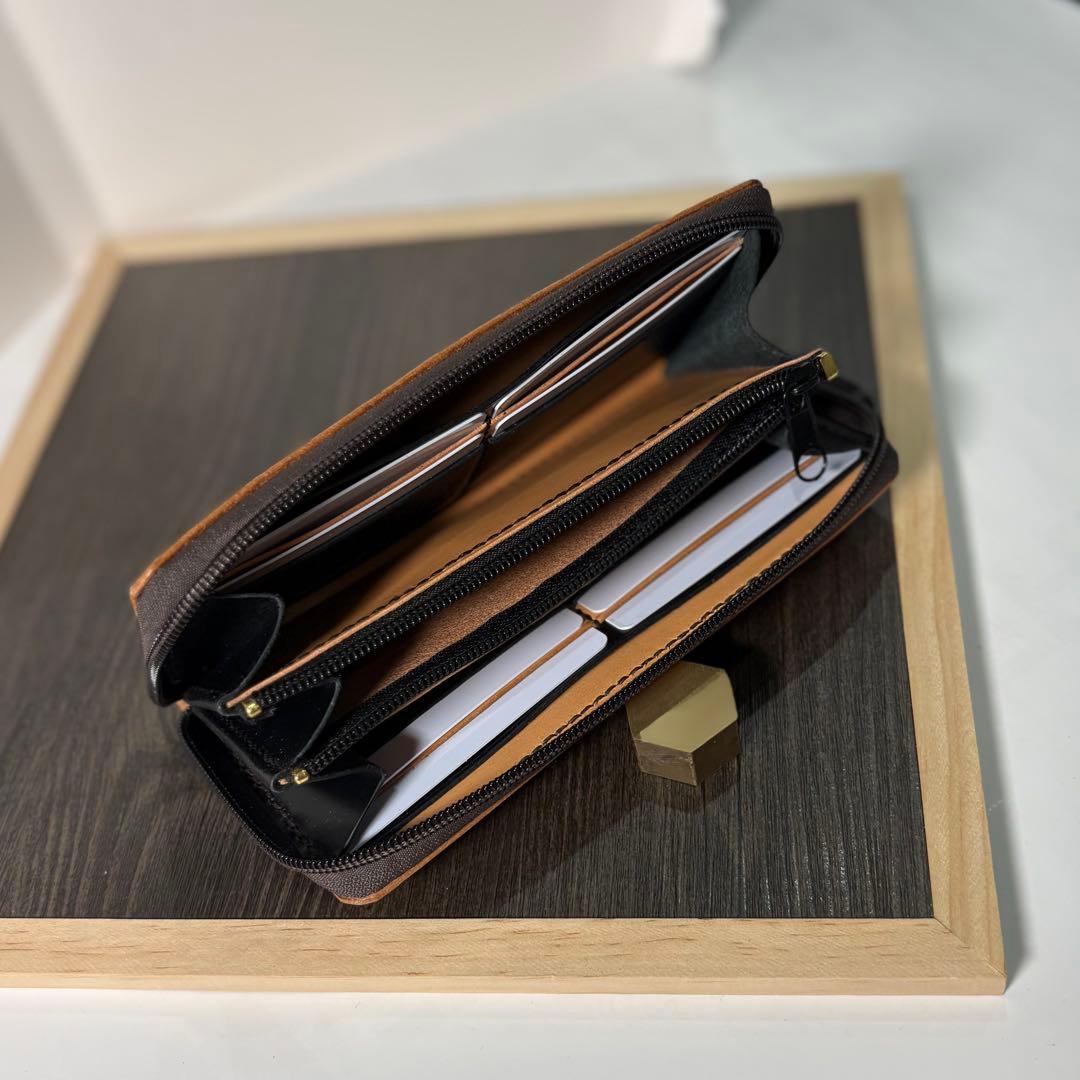 本革 ラウンドファスナー長財布 ラウンドジップ長財布 ハンドメイド キャメル 黒