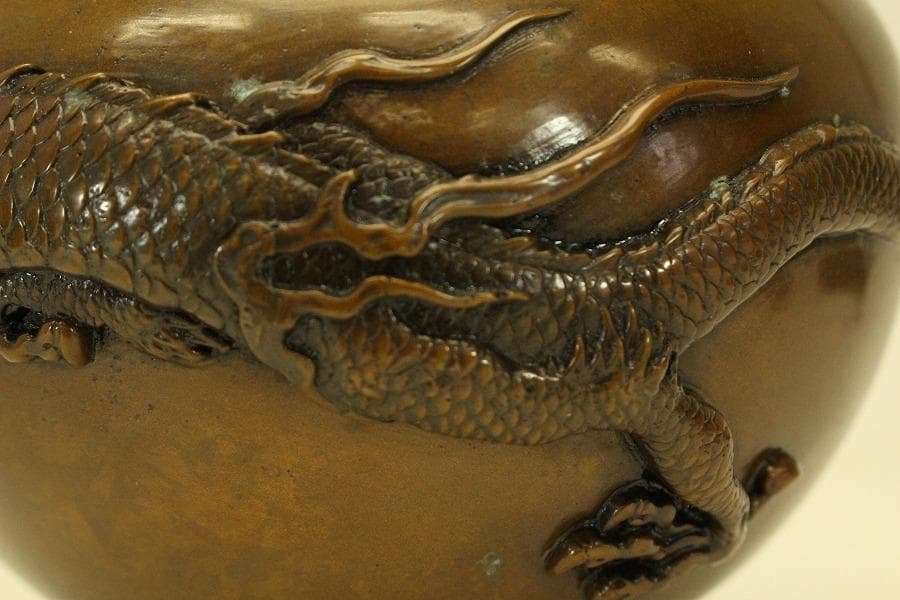 銅 纏龍 水晶玉 香炉 共箱(ZE847)