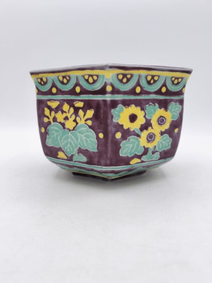 d068【新品・未使用】建水 六角 紫釉 菊桐 手塚玉堂 木箱(合わせ) 茶道具