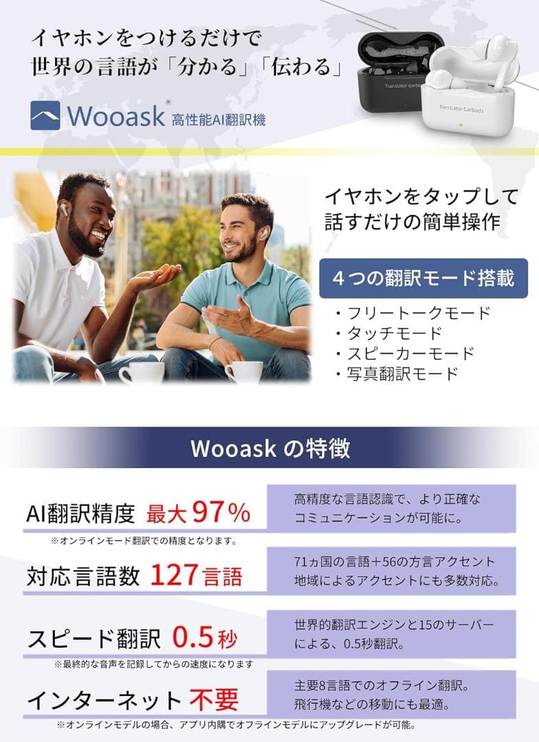 未使用 Wooask M6 翻訳機能付イヤホン 日本正規版 翻訳機 オンライン版
