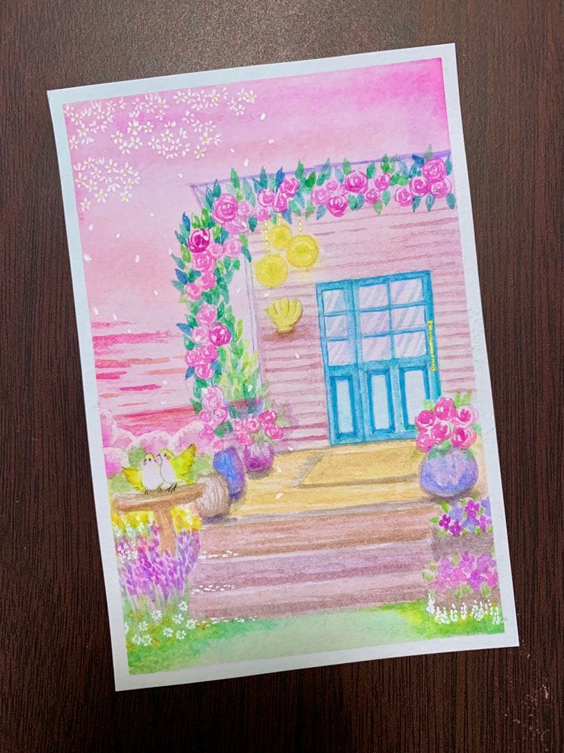 みみ水彩画 家と春の夕暮れ　値段は※900円です