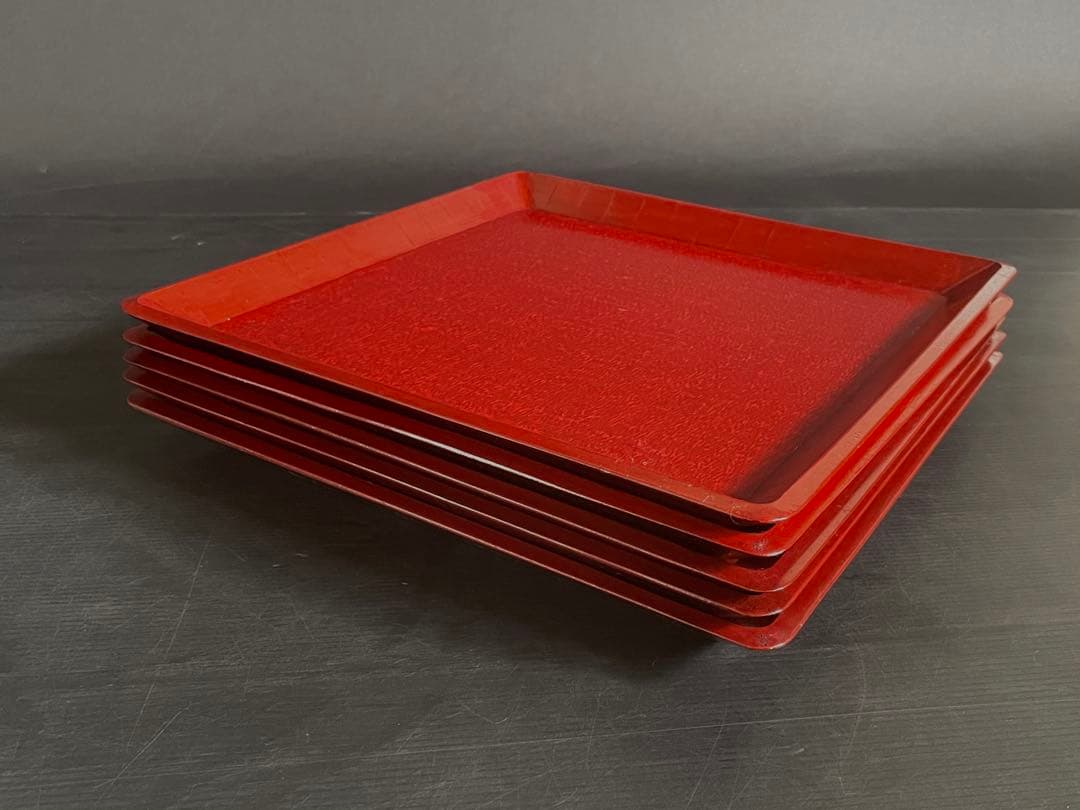 【美品】「母」 讃岐彫 四方膳 5客 朱漆 讃岐膳 一枚板くり抜き （D）