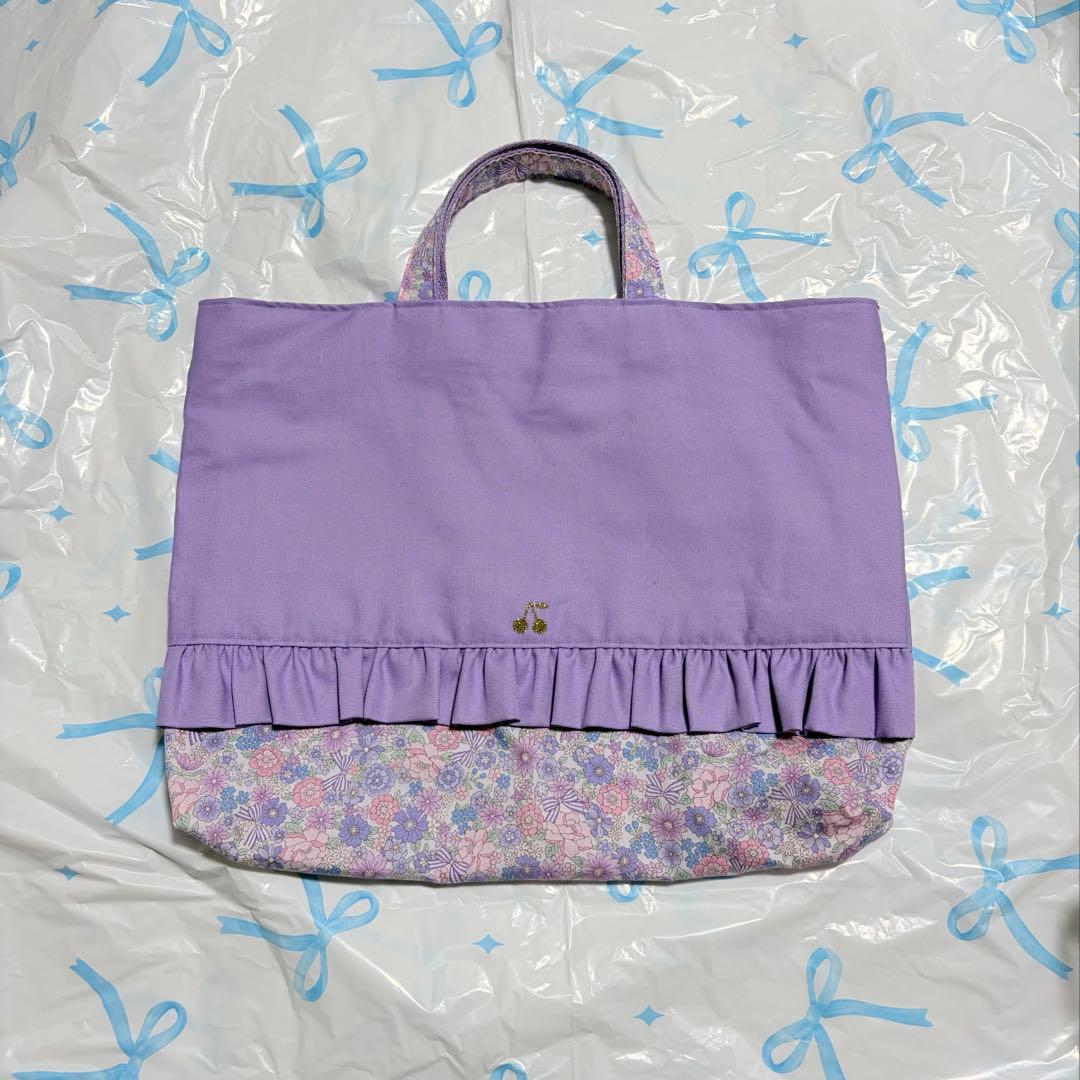 パープル×リボン花柄　レッスンバッグ　上履き入れ　体操服袋　ハンドメイド