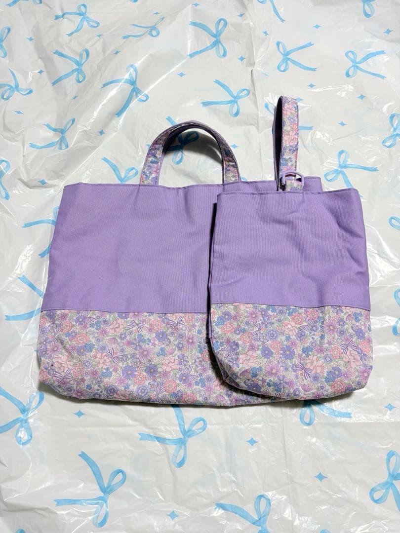 パープル×リボン花柄　レッスンバッグ　上履き入れ　体操服袋　ハンドメイド