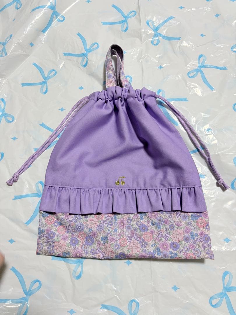 パープル×リボン花柄　レッスンバッグ　上履き入れ　体操服袋　ハンドメイド