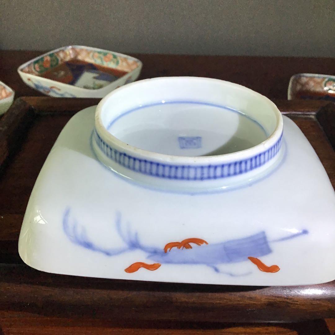 古伊万里　色絵角皿　櫛高台　江戸期　5客　完品