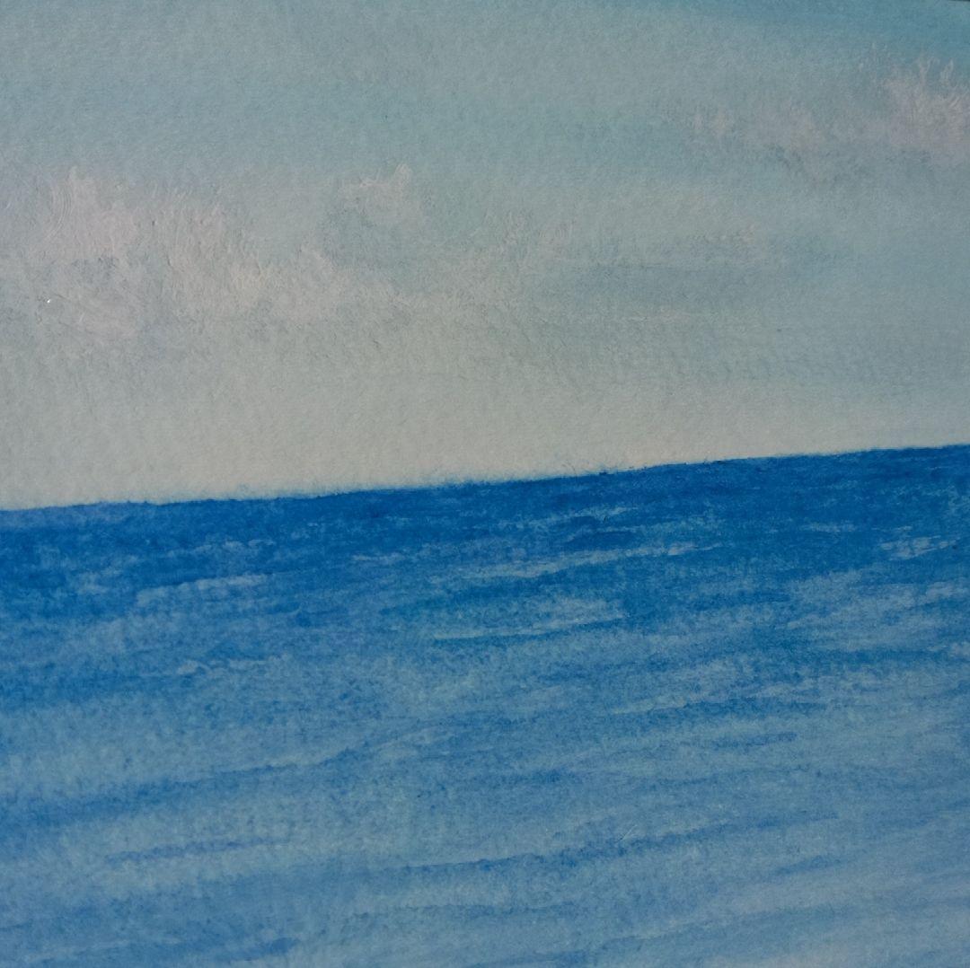 静かな海　原画　ガラス額つき　ポストカードサイズ　青い海　水彩　アクリル