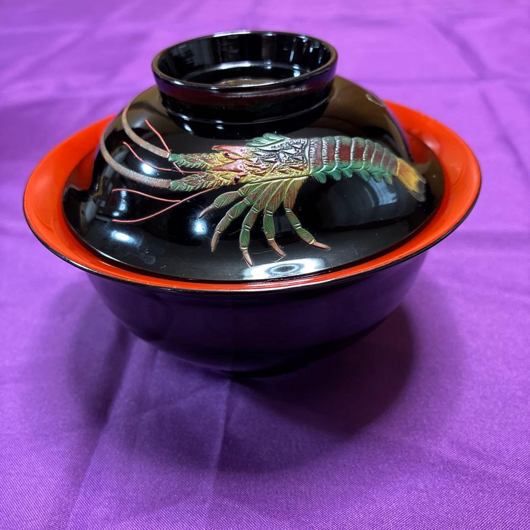 琉球漆器　5個セット（エビの模様） 黒碗　お祝い　お正月　雑煮　吸い物碗　蓋付き