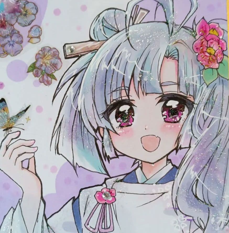j*n様 手描きイラスト色紙・創作 オリジナル着物 女の子和風美少女平安コピック