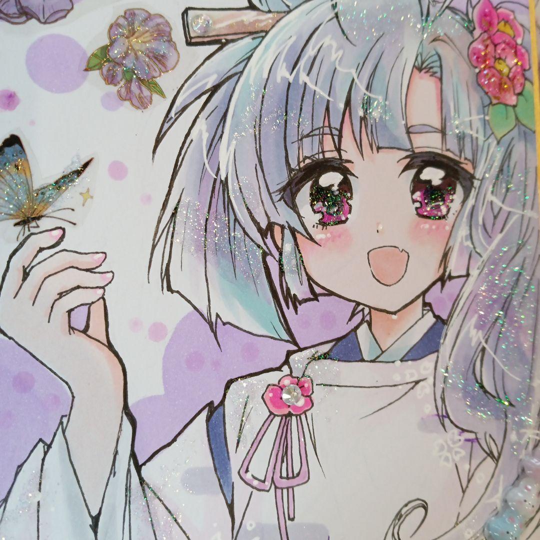 j*n様 手描きイラスト色紙・創作 オリジナル着物 女の子和風美少女平安コピック