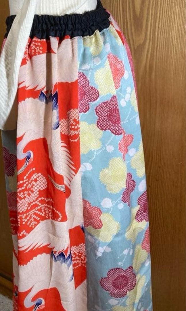着物リメイクパッチワークスカート鶴梅赤系