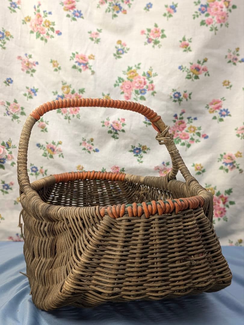 イギリス アンティーク ハンドメイド バスケット 花柄
